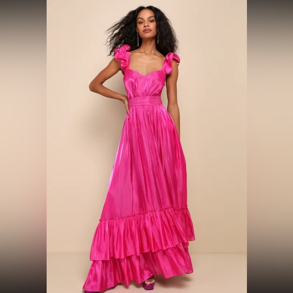 NEW Lulus Pristine Glow Magenta Pink Ruffled Tie-back Maxi Dress - Size M